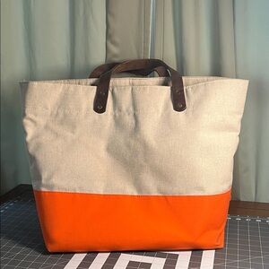 Sunbrella Beige and Orange  Fabric Tote with Brown Leather Handles